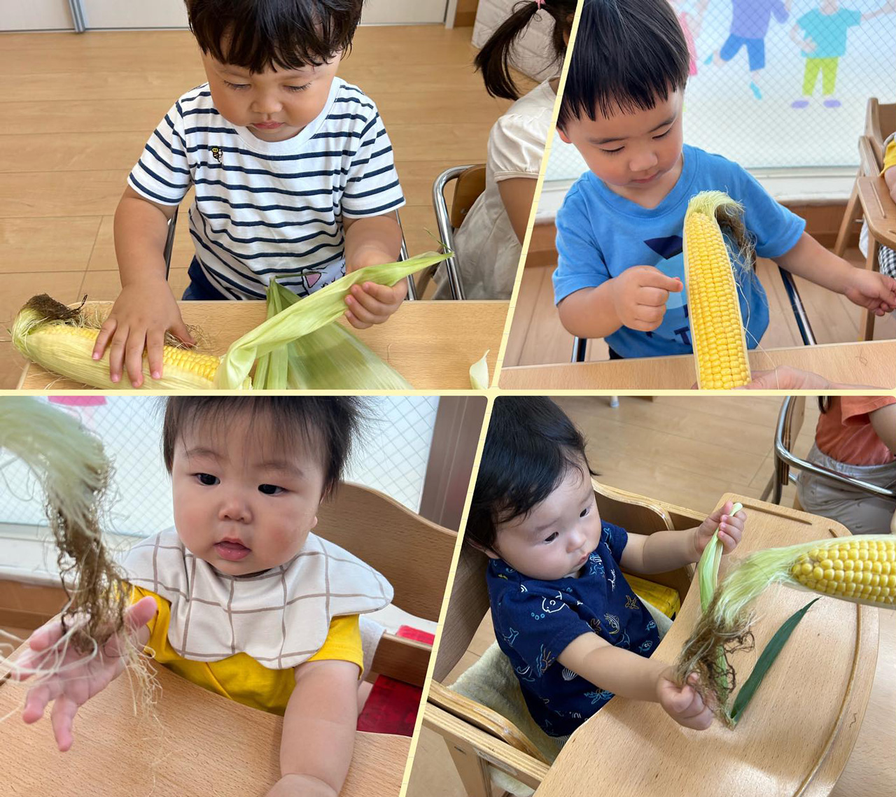 あいみーBelle鹿島田保育園 とうもろこしの皮むき